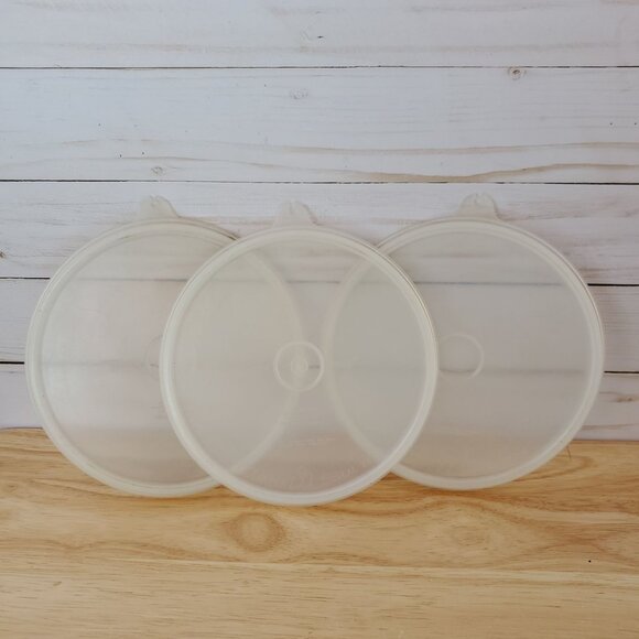 3 VTG Tupperware USA Seal Sheer Clear Round Replacement 6" C Tab Lids Only 227-4 - Picture 1 of 5